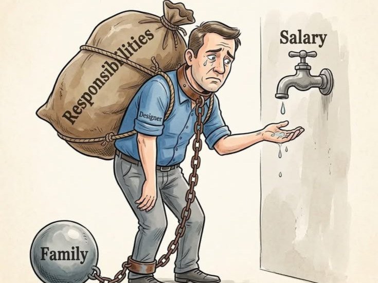 Illustration depicting the harsh financial reality and daily salary struggles of a middle-class family.