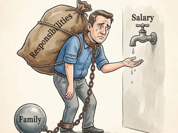 Illustration depicting the harsh financial reality and daily salary struggles of a middle-class family.